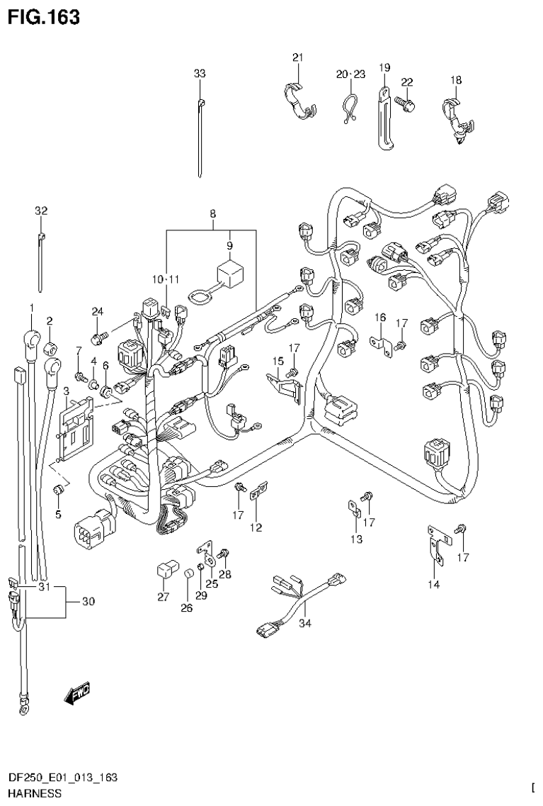 Suzuki DF200T, DF200Z, DF225T, DF225Z, DF250T, DF250Z HARNESS (DF225Z E1) parts diagram